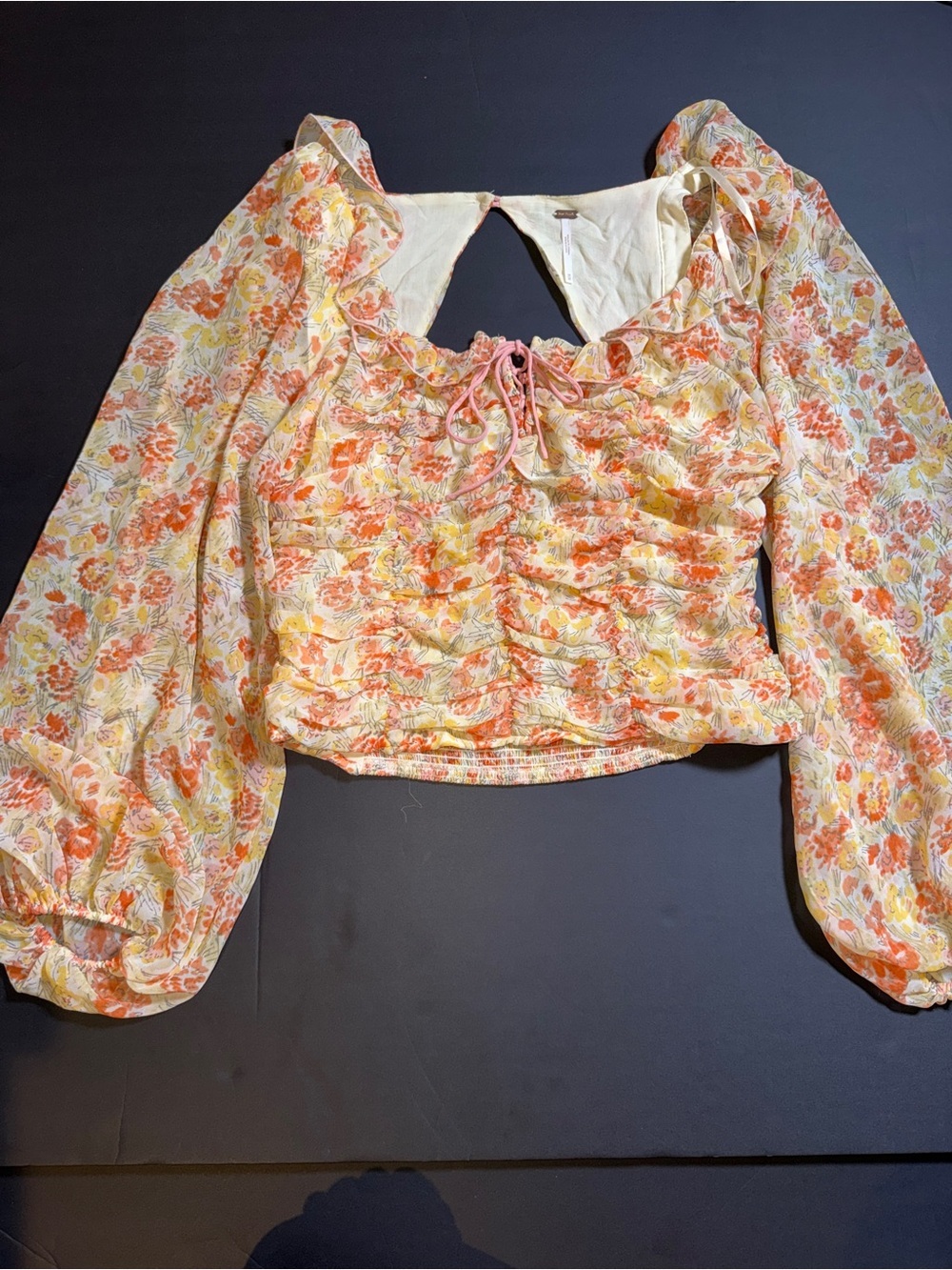 Free People Floral Ruched Long-Sleeve Crop Top - Cream & Orange